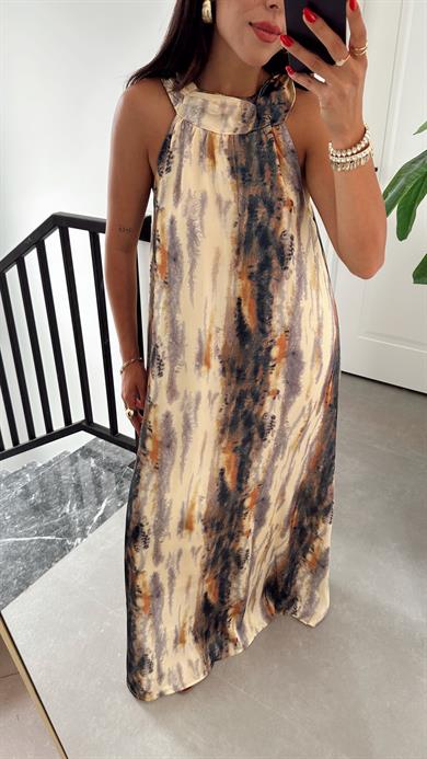 Sarı Düğme Detaylı Kraşlı Elbise