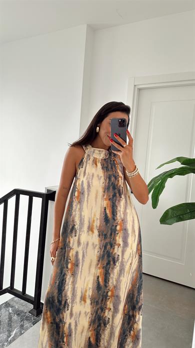 Sarı Düğme Detaylı Kraşlı Elbise