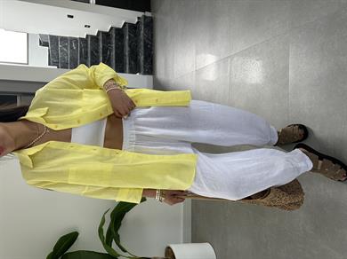 Sarı Flamlı Keten Çift Cep Oversize Gömlek