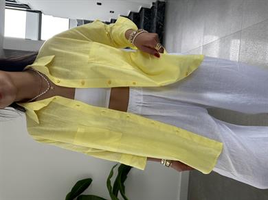 Sarı Flamlı Keten Çift Cep Oversize Gömlek