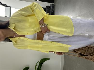 Sarı Flamlı Keten Çift Cep Oversize Gömlek