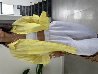 Sarı Flamlı Keten Çift Cep Oversize Gömlek