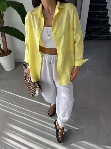 Sarı Flamlı Keten Tek Cep Oversize Gömlek