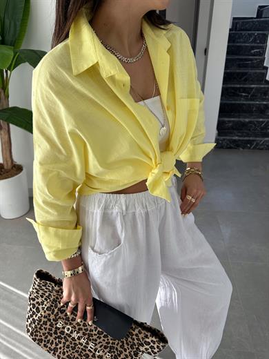 Sarı Flamlı Keten Tek Cep Oversize Gömlek