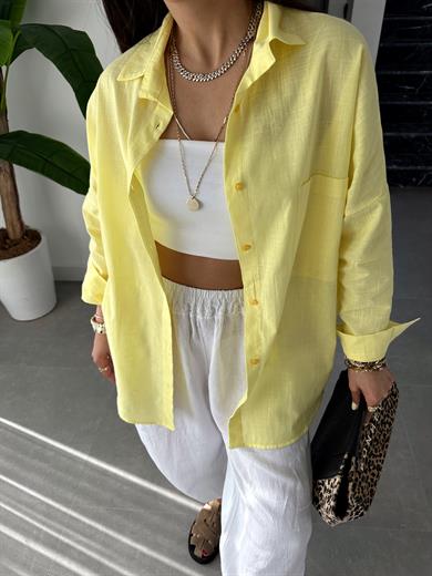 Sarı Flamlı Keten Tek Cep Oversize Gömlek