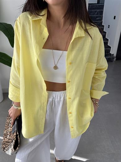Sarı Flamlı Keten Tek Cep Oversize Gömlek