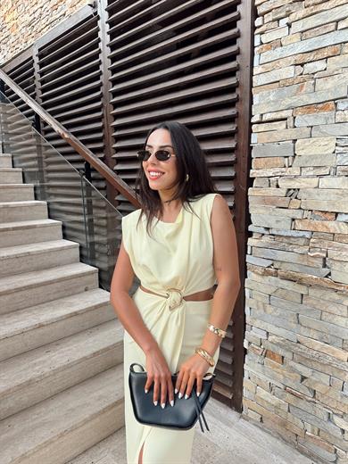 Sarı Gold Toka Detaylı Elbise