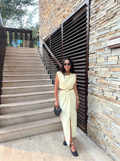 Sarı Gold Toka Detaylı Elbise