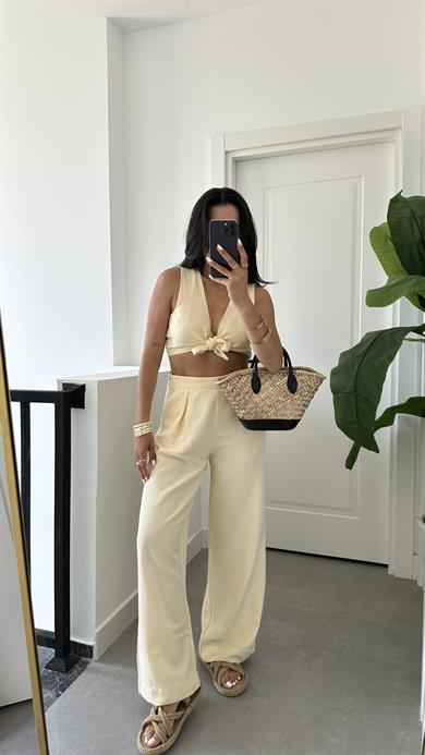 Sarı Ön Bağlamalı Crop Takım