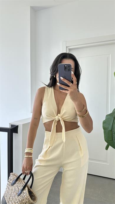 Sarı Ön Bağlamalı Crop Takım