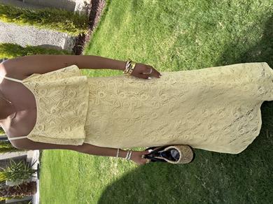 Sarı Pamuk Dantel Askılı Elbise