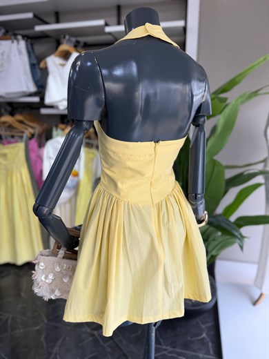 Sarı Poplin Kumaş Halter Yaka Elbise