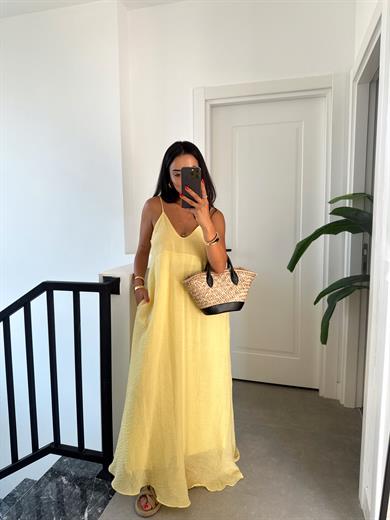 Sarı V Yaka İp Askılı Elbise