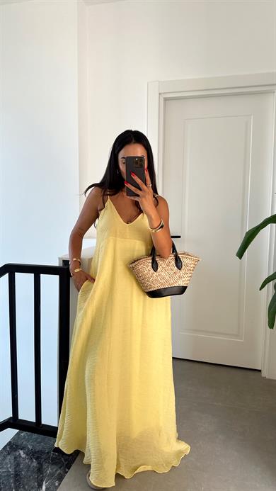 Sarı V Yaka İp Askılı Elbise