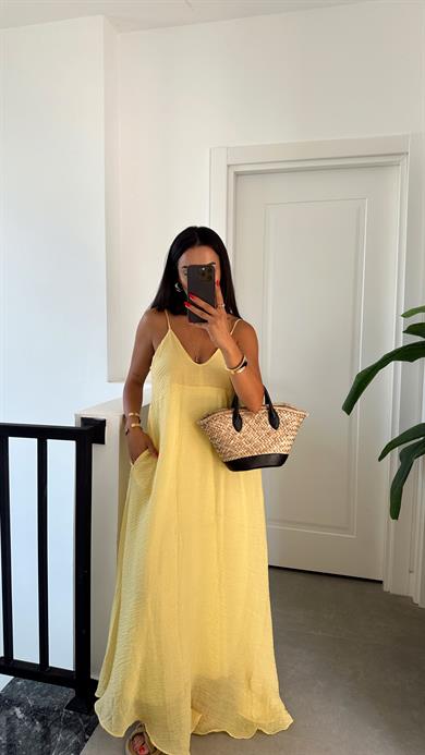 Sarı V Yaka İp Askılı Elbise