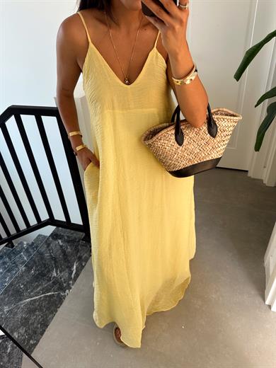 Sarı V Yaka İp Askılı Elbise