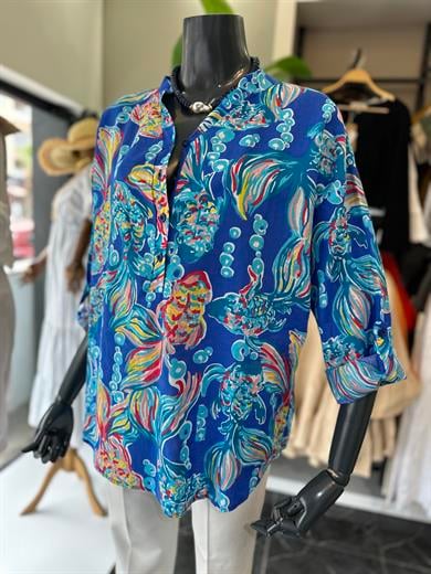 Sax Desenli Hakim Yaka Pamuklu Vual Gömlek