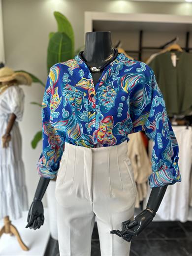 Sax Desenli Hakim Yaka Pamuklu Vual Gömlek