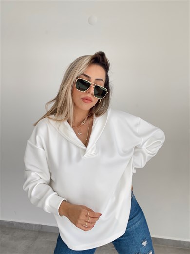 Scuba Kumaş Beyaz Kapşonlu Sweatshirt