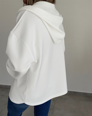 Scuba Kumaş Beyaz Kapşonlu Sweatshirt