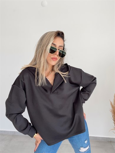 Scuba Kumaş Siyah Kapşonlu Sweatshirt