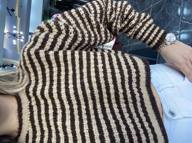 Selanik Örgü Kahve-Camel Çizgili Triko Kazak