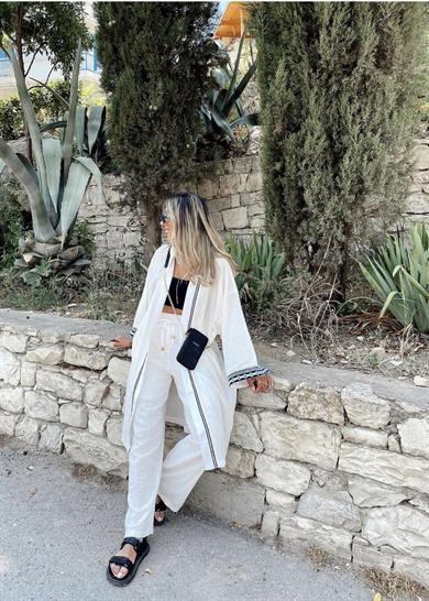 Şerit Aksesuar Detaylı Beyaz Kimono