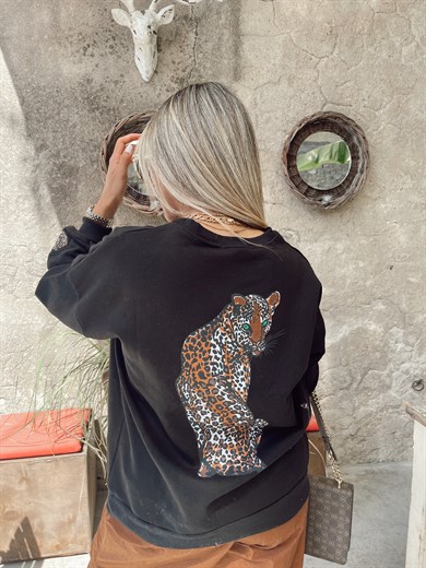 Sırt Kısmı Kaplan Detaylı Siyah Sweatshirt