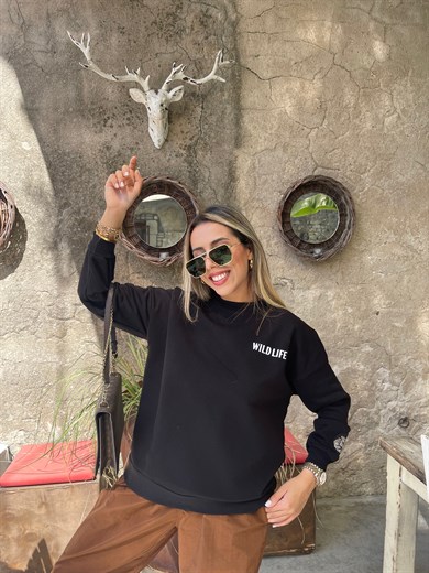 Sırt Kısmı Kaplan Detaylı Siyah Sweatshirt