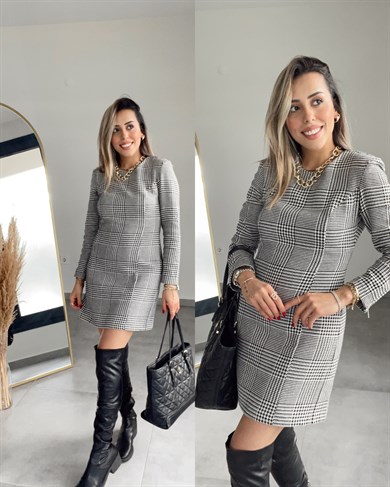 Sırtı Fermuar Detaylı Ekose Elbise