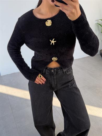 Siyah Aksesuar Detaylı Sakallı Bluz