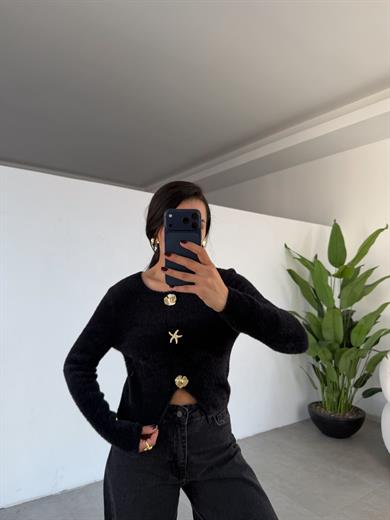 Siyah Aksesuar Detaylı Sakallı Bluz