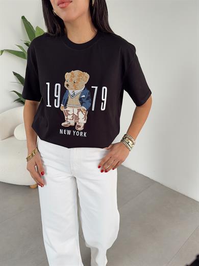 Siyah Ayıcık Baskılı Bisiklet Yaka Tshirt