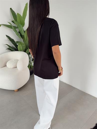 Siyah Ayıcık Baskılı Bisiklet Yaka Tshirt