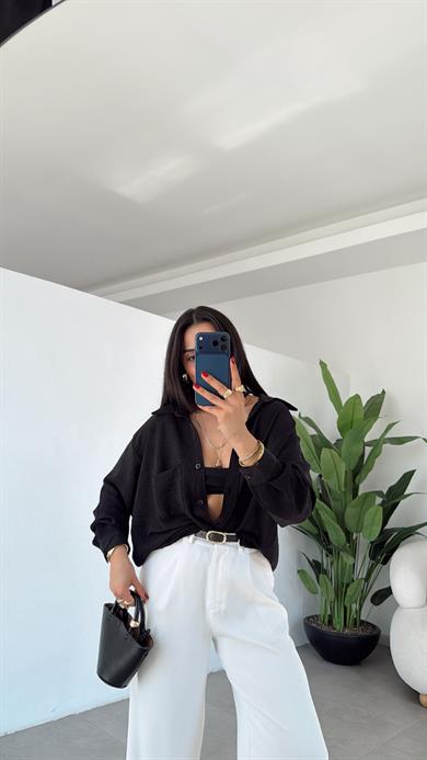 Siyah Ayrobin Cepli Oversize Gömlek