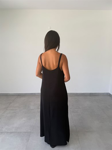 Siyah Ayrobin Maxi Boy Tela Askılı Elbise