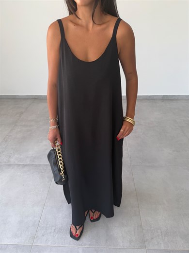 Siyah Ayrobin Maxi Boy Tela Askılı Elbise