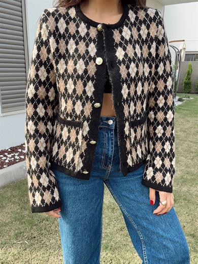 Siyah Baklava Desen Gold Düğme Hırka