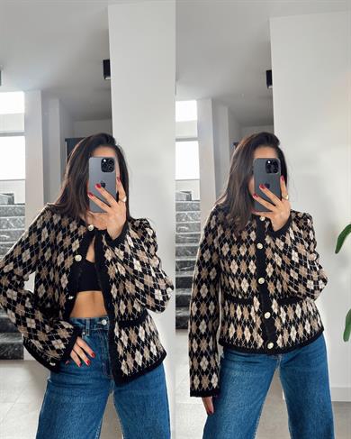 Siyah Baklava Desen Gold Düğme Hırka