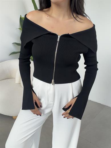 Siyah Bardot Yaka Kol Yırtmaç Detaylı Fermuarlı Triko