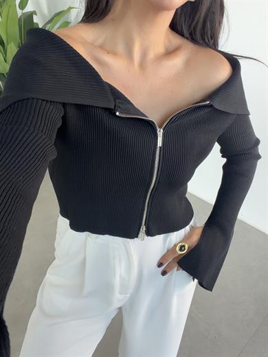 Siyah Bardot Yaka Kol Yırtmaç Detaylı Fermuarlı Triko