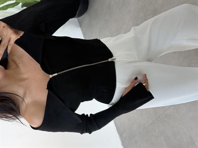 Siyah Bardot Yaka Kol Yırtmaç Detaylı Fermuarlı Triko