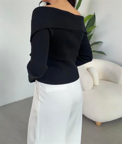 Siyah Bardot Yaka Kol Yırtmaç Detaylı Fermuarlı Triko