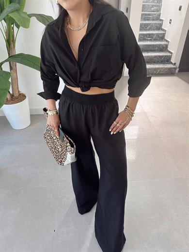 Siyah Beli Lastikli Bol Paça Pantolon