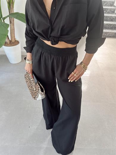 Siyah Beli Lastikli Bol Paça Pantolon