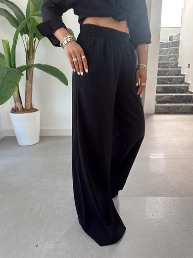 Siyah Beli Lastikli Bol Paça Pantolon