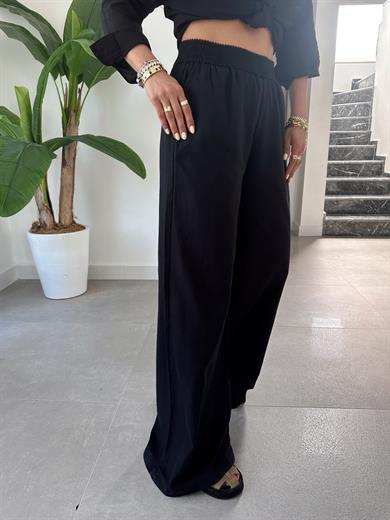 Siyah Beli Lastikli Bol Paça Pantolon
