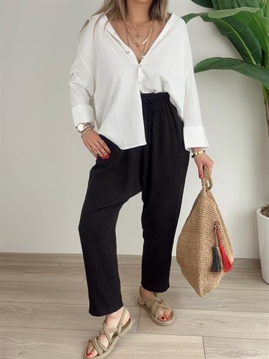 Siyah Beli Lastikli Keten Pantolon