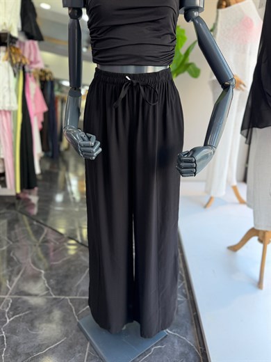 Siyah Beli Lastikli Tencel Pantolon