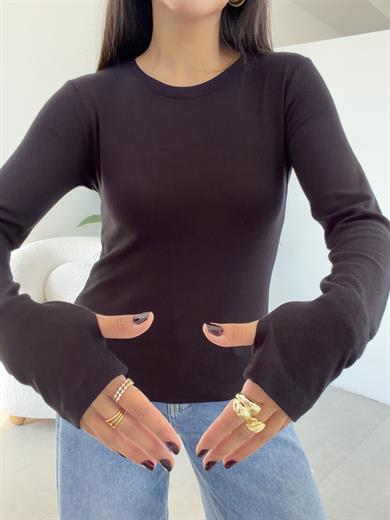 Siyah Beliza Parmak Geçme Bisiklet Yaka Bluz